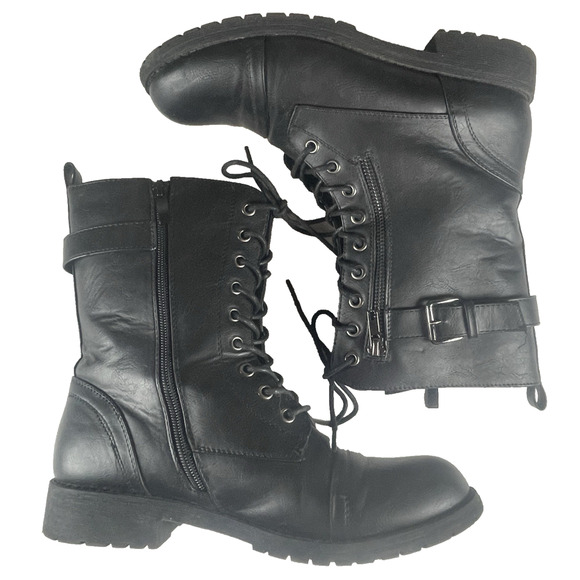 Vepose Black Women Combat Boots Size 8.5 Mid-Calf Zip w/Side Pocket CJY928 Laces - Picture 5 of 10